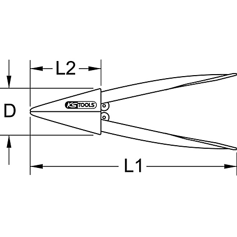 Drahtzange mit Massangaben, Herstellerlogo. Die Zange ist offen dargestellt mit den Bemassungen L1, L2 und D.